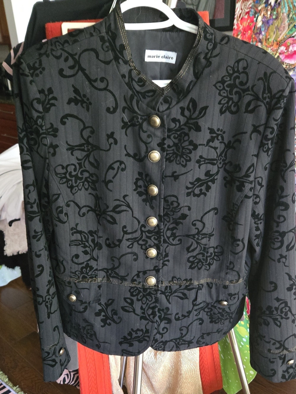 Marie Claire Black Flocked Floral Military-Style Jacket